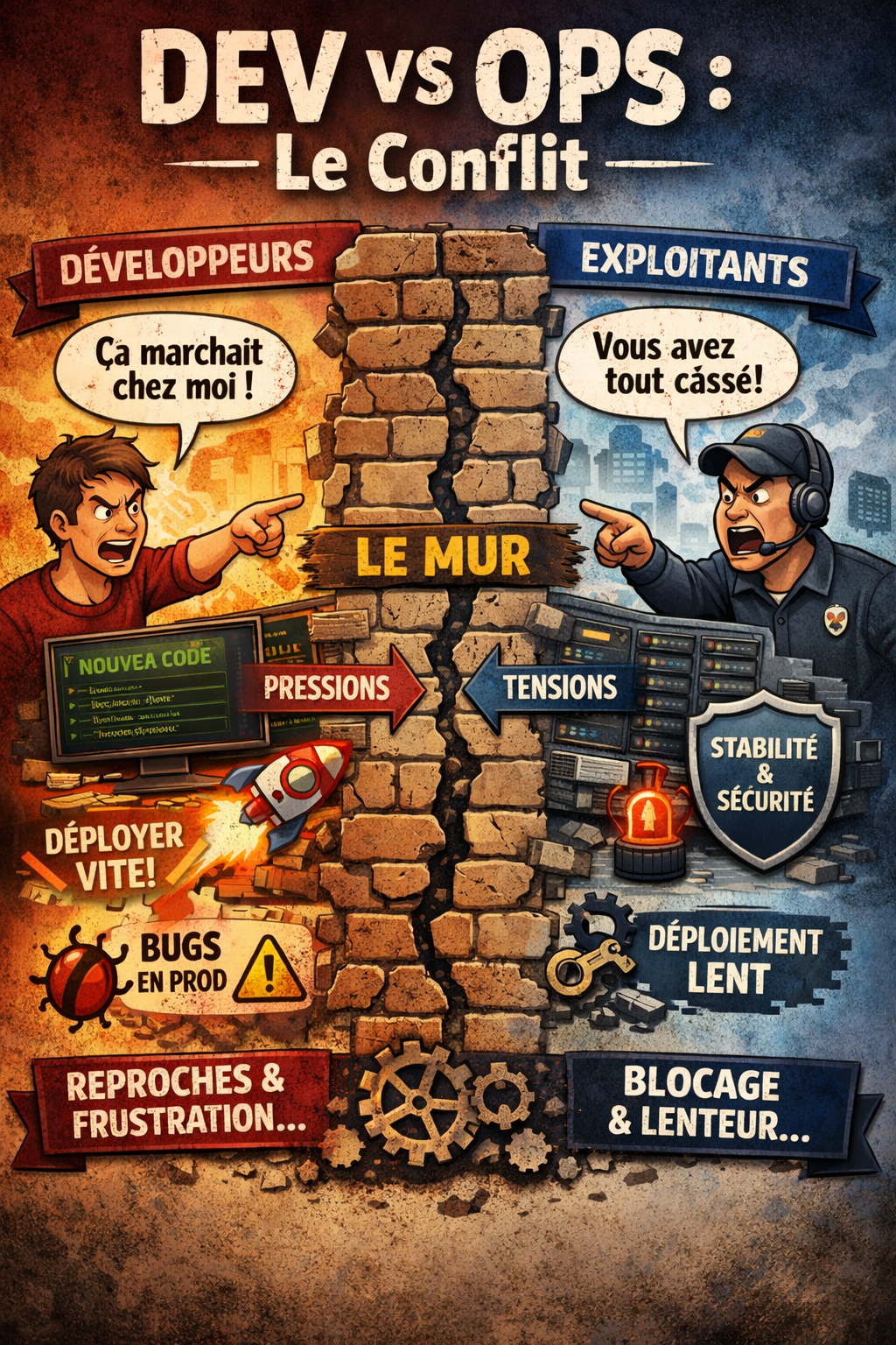 Schéma illustrant le conflit entre les Dev et les Ops avant la mise en place de la culture DevOps